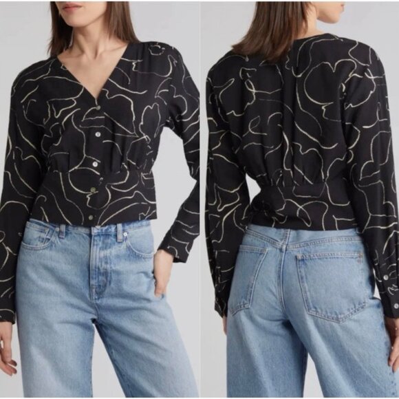 Madewell Tops - Madewell Blouse Womens M Lusterweave Black Abstract Button Front Cropped Top